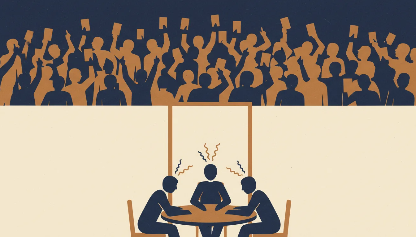 Editorial illustration: above, a dense navy crowd of figures all holding up identical blank cards; below, on a pale field, three people sit around a small table talking to each other.