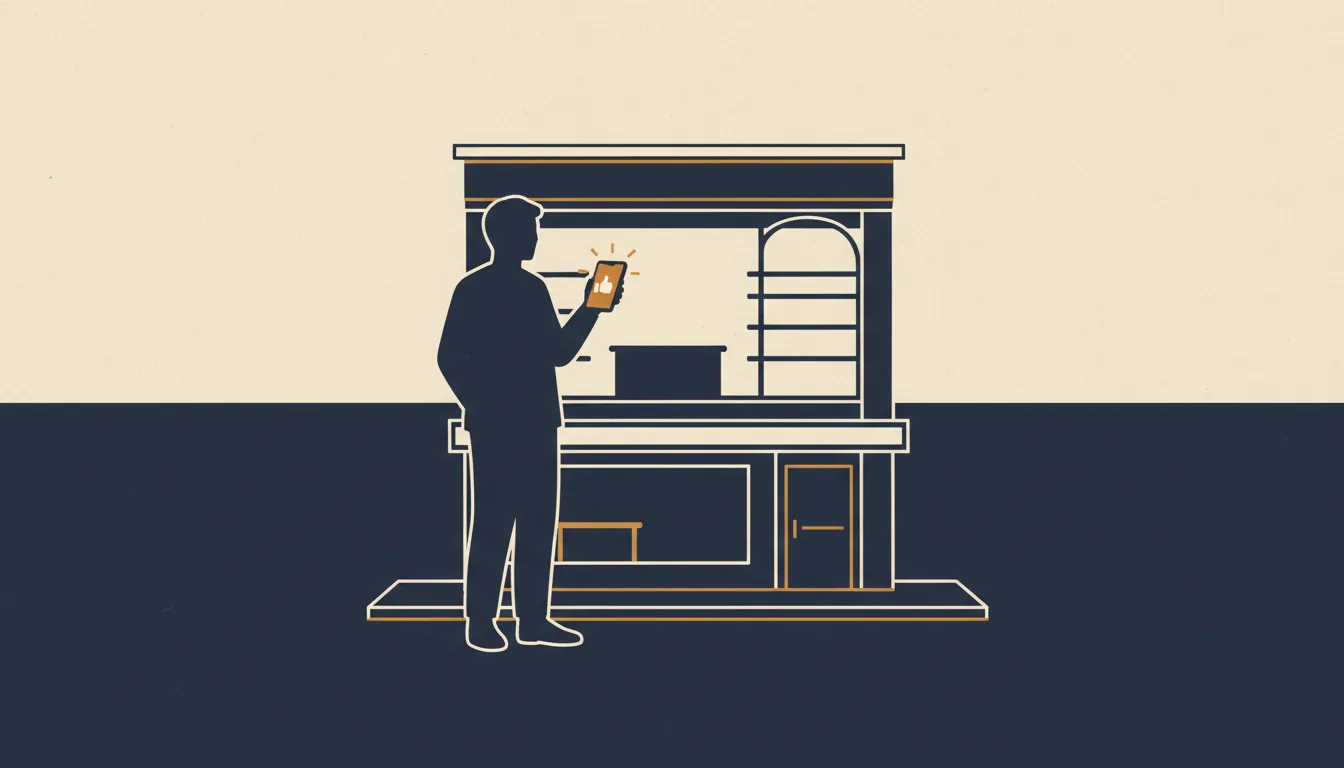 Editorial illustration: a founder holding a phone showing a glowing thumbs-up, standing in front of an empty shop with no customers in it.