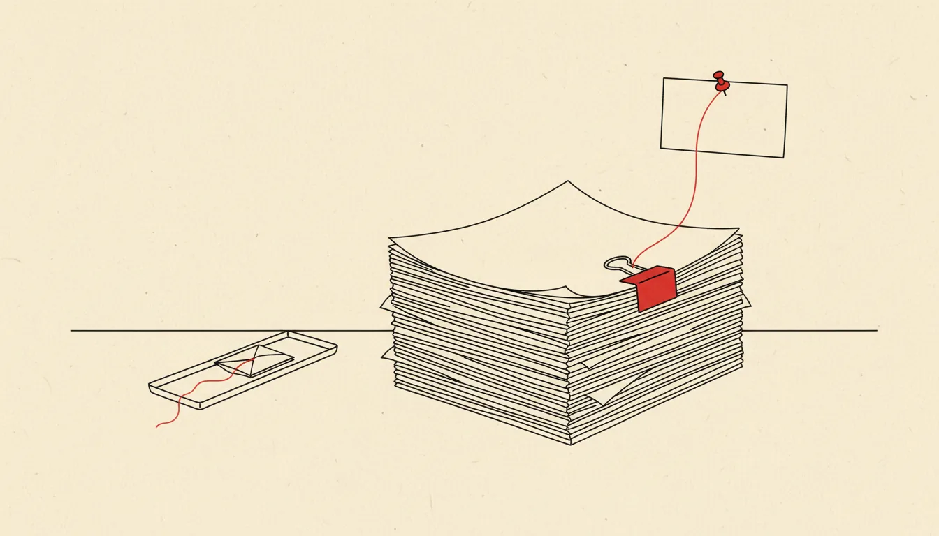 A tiny paper tasting sample beside a thick clipped stack of pages, with a red thread running from the stack to a pinned quote card