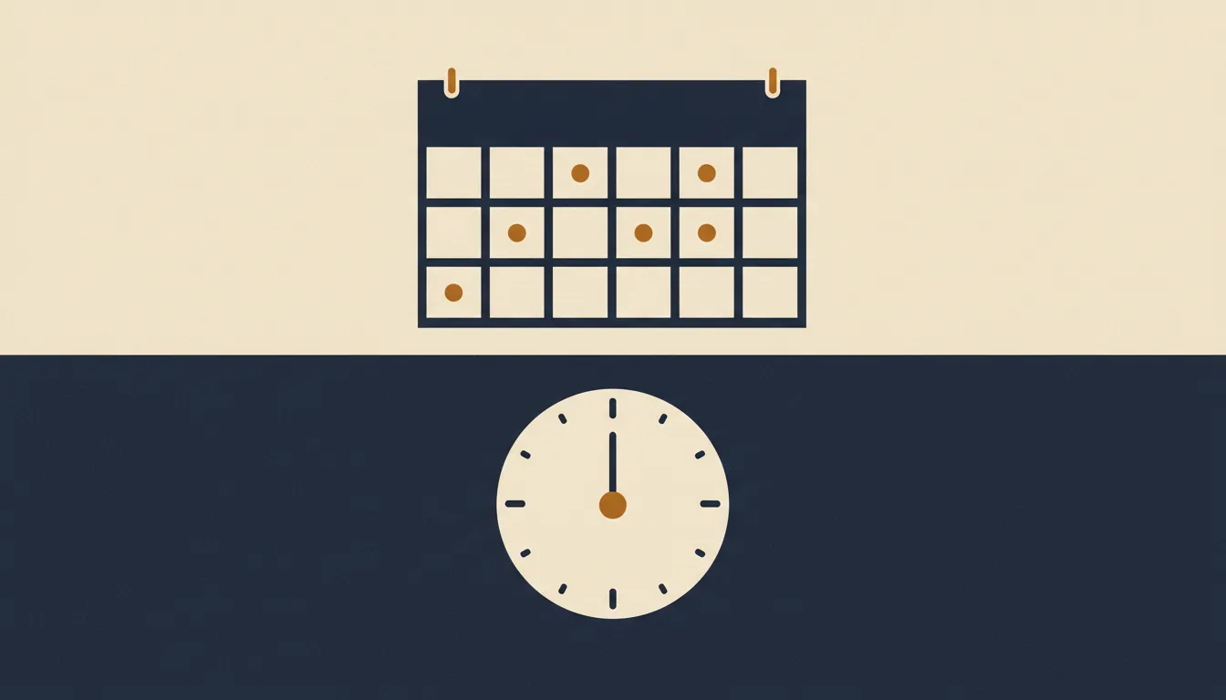 Editorial illustration: a two-week calendar spread where only five squares carry a small mark and the rest are empty, with a clock face where the hands have barely moved.