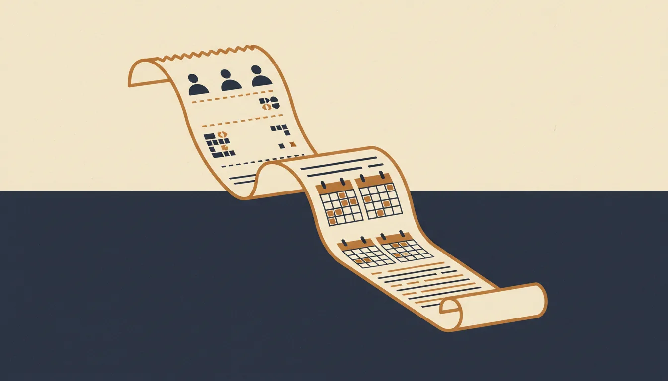 Editorial illustration: one long unrolling receipt that begins with a few itemised lines and a handful of people, then runs on into rows of calendar months.