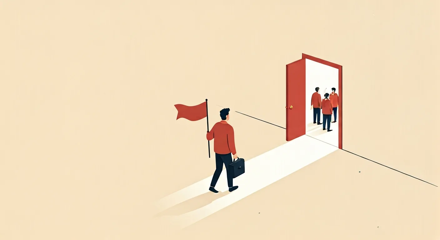 Editorial illustration of a founder choosing one lit doorway among many to reach a small group already inside — getting your first users from the one right channel.