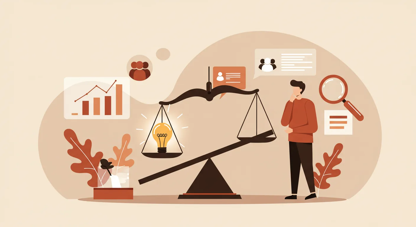 Illustration of a founder weighing a startup idea on a balance scale against real market-demand signals