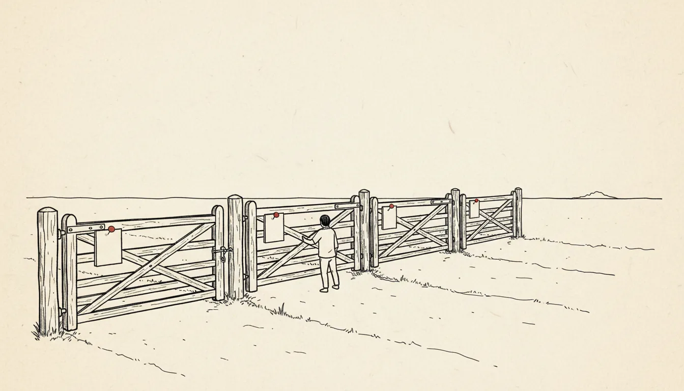 Editorial illustration of an idea validation framework: four gates in a row along a path, each with a small blank card pinned to its post, and one figure stopped at the second gate.