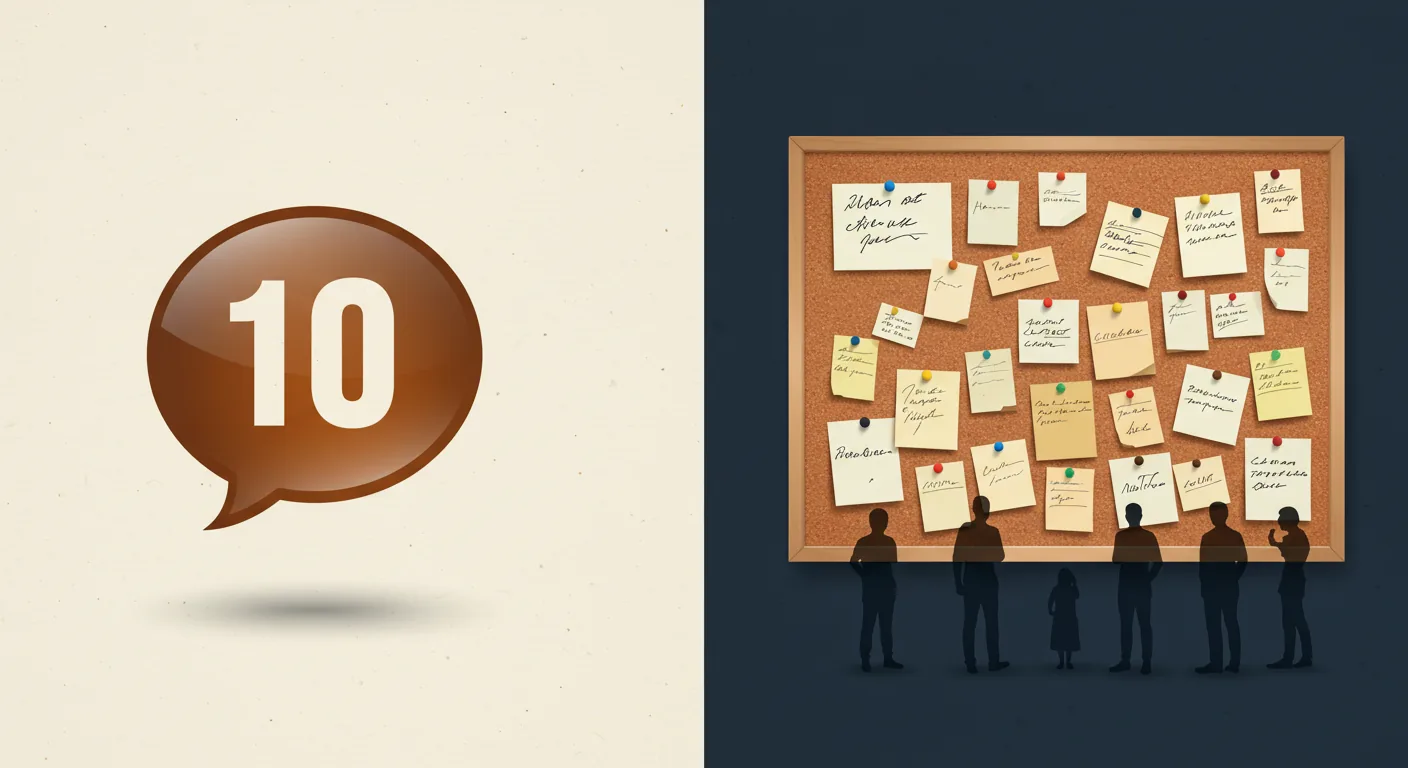 Editorial illustration: on the left a lone score floating in a speech bubble, on the right a board densely pinned with handwritten notes that a small crowd is reading — a score versus evidence.