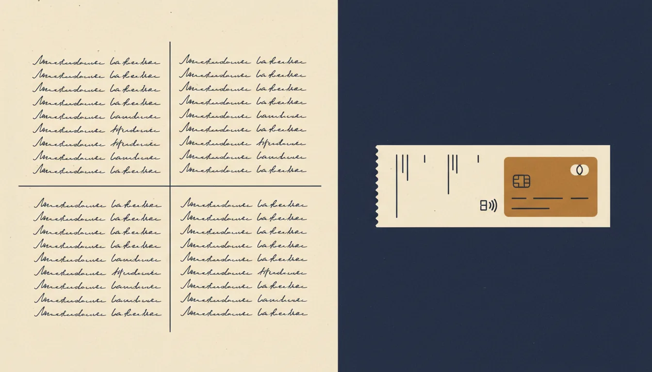 Editorial illustration: on a cream field, a four-quadrant analysis grid filled with rows of handwriting; on a deep navy field beside it, a single receipt showing one card payment.