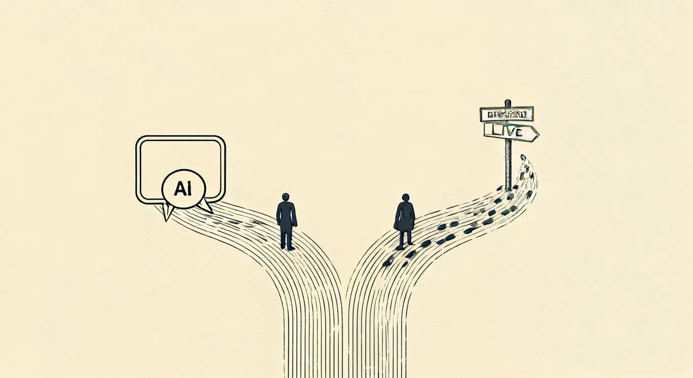 Editorial illustration: two diverging paths — an AI chat bubble versus a live signpost with real footprints