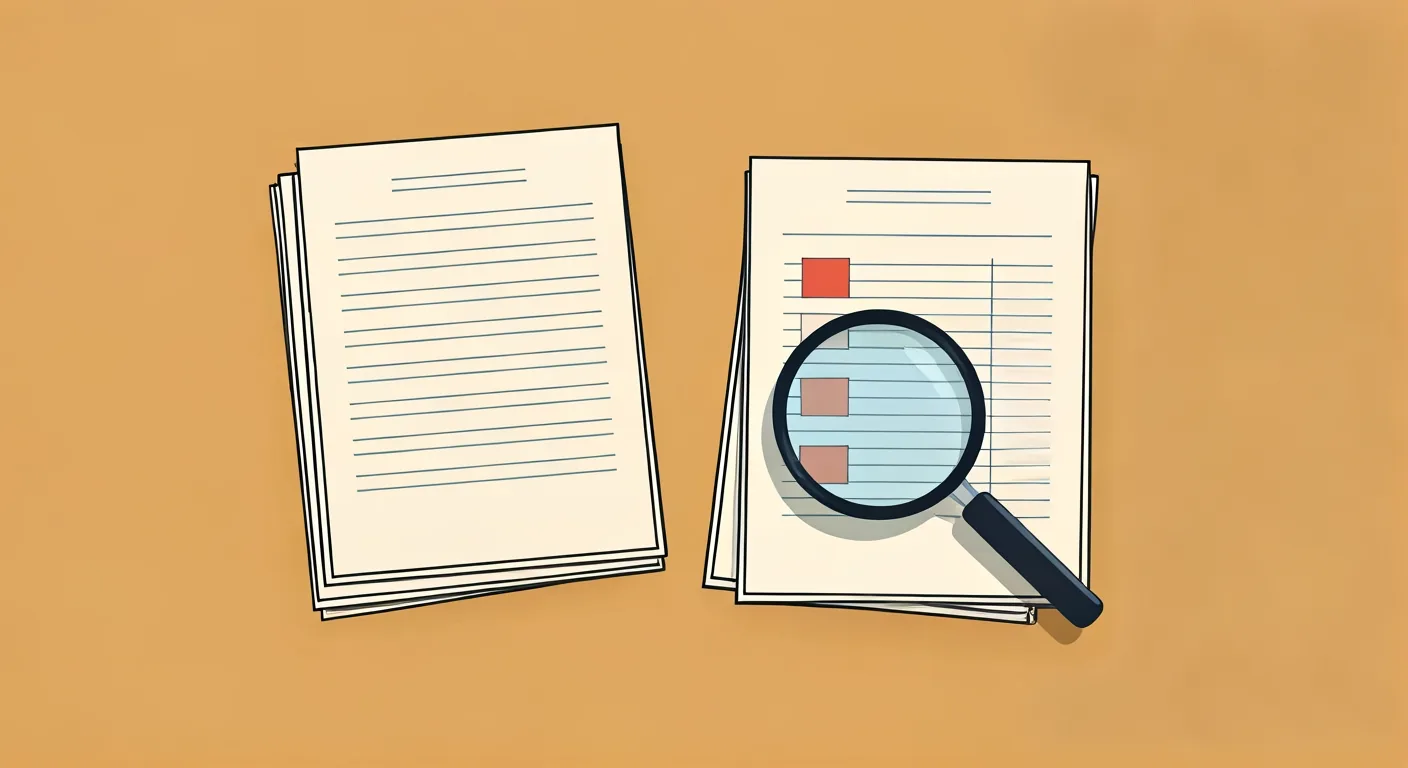 Editorial illustration: a head-to-head of two contrasting report documents under a magnifying glass