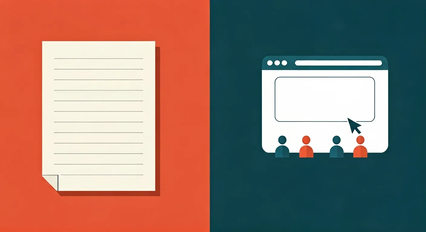 Editorial illustration: a static paper report on the left versus a live web page with a click cursor and real visitors on the right — VenturusAI writes the report, ProofMachine runs the test.
